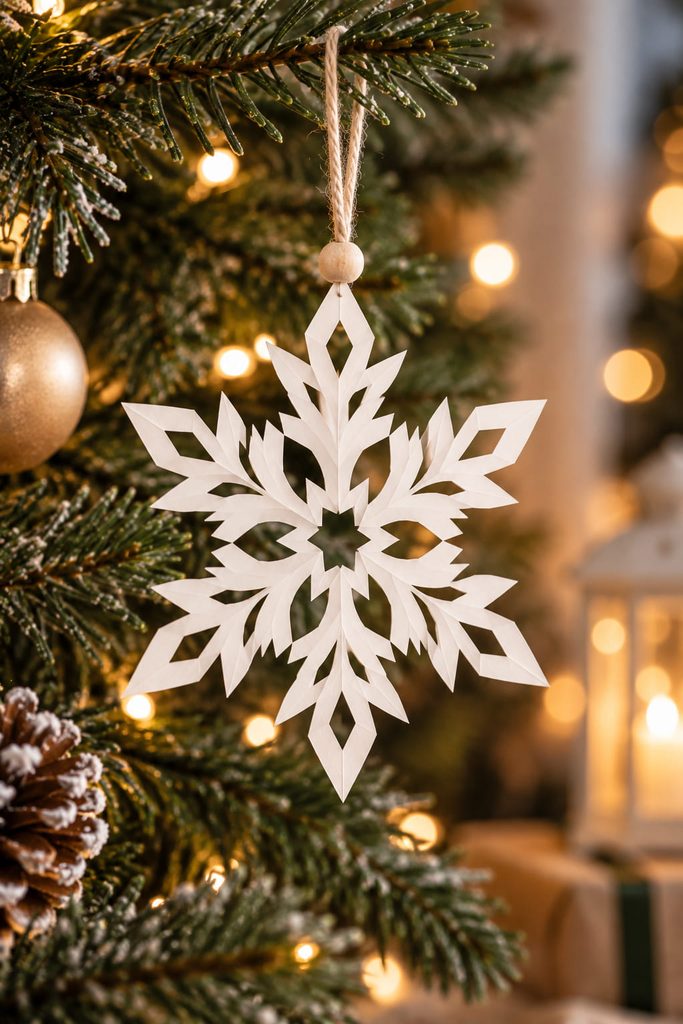 Split-tip crystal paper snowflake ornament hanging from an evergreen branch.