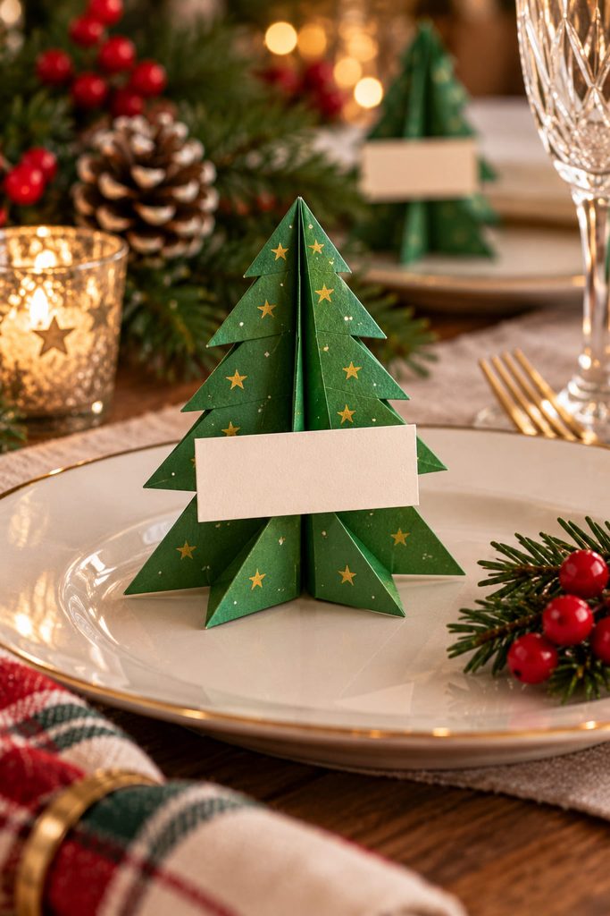 Standing green folded Christmas tree place marker with a small blank name strip.
