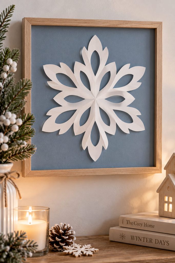 Framed white paper snowflake with smooth teardrop-shaped openings.