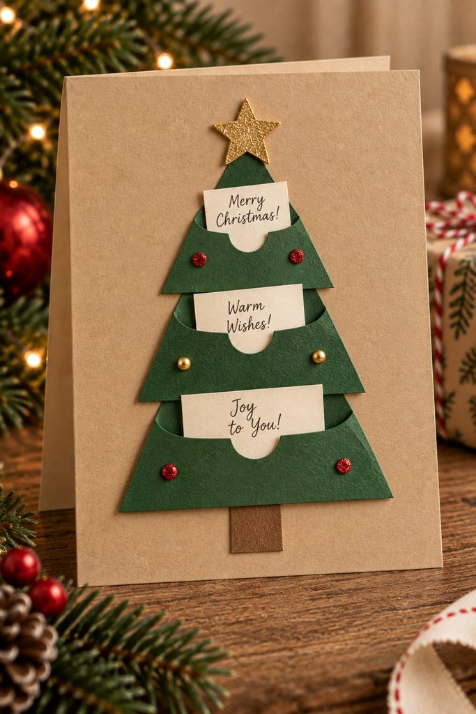 Tiered Christmas tree card with three paper pockets holding small cream holiday notes.