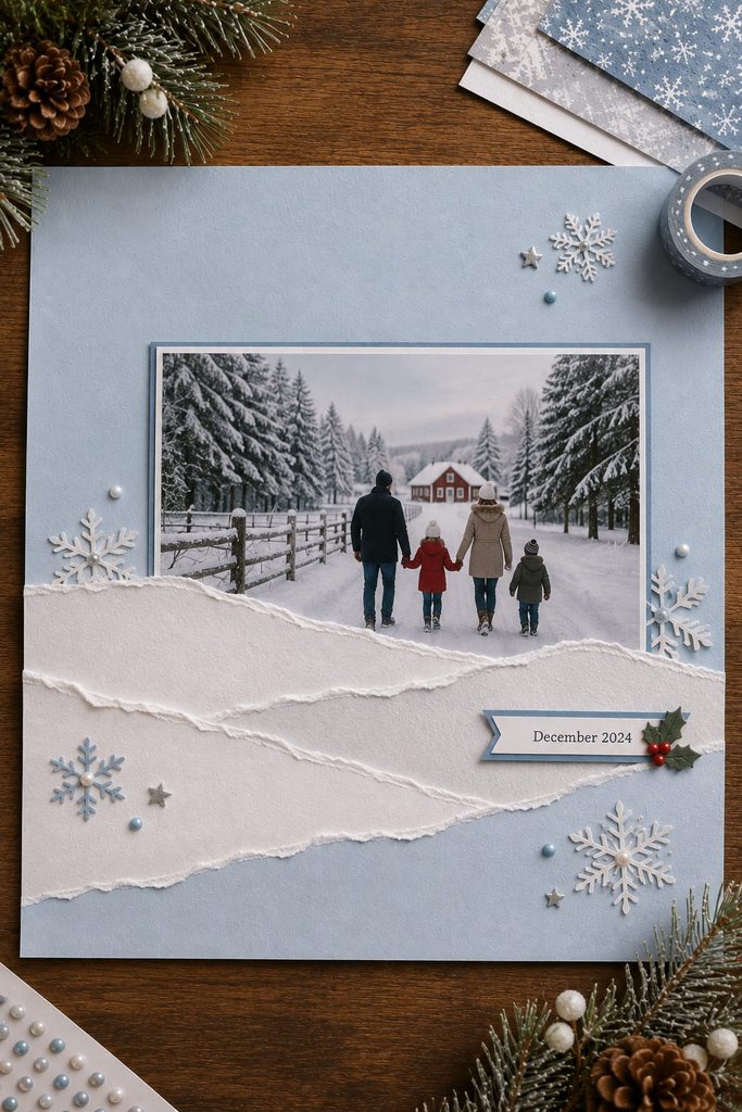 Winter Christmas photo tucked behind layered torn-paper snowbanks on a pale blue scrapbook page.