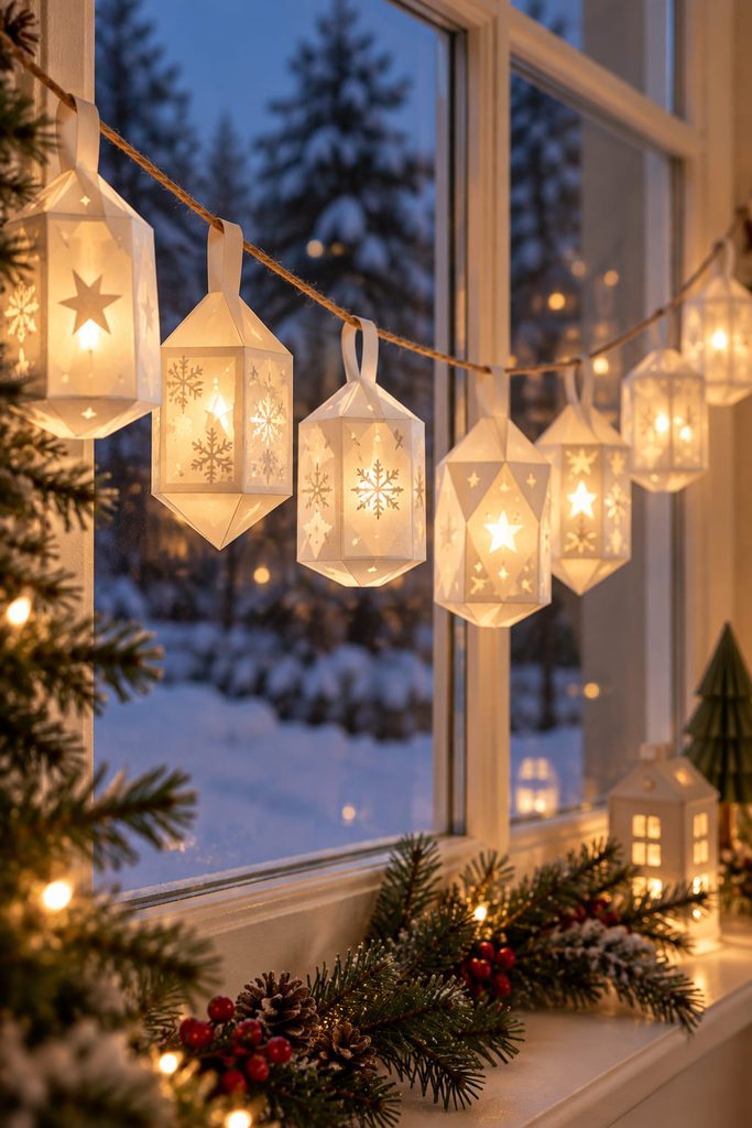 Translucent vellum paper shades suspended around LED lights in a Christmas window garland.