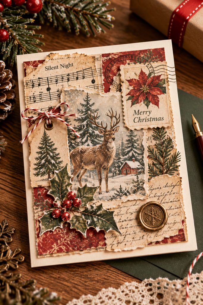 Vintage-style Christmas collage card with torn music, botanical, and postal-inspired paper arranged around one focal image.
