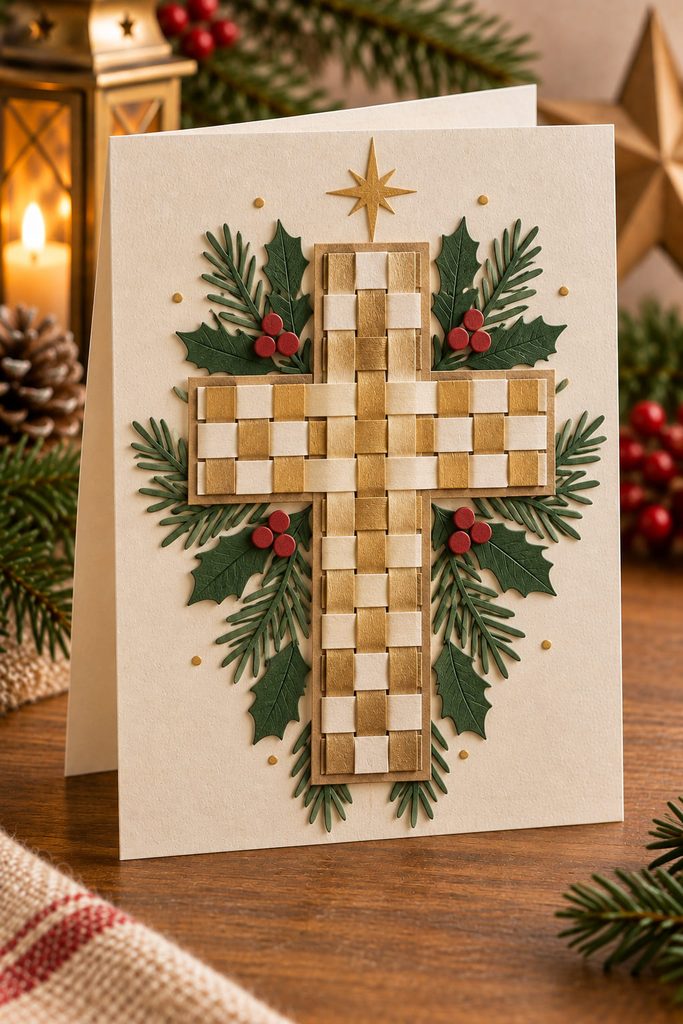 Handwoven paper cross in cream and muted gold framed by evergreen sprigs on a Christmas card.