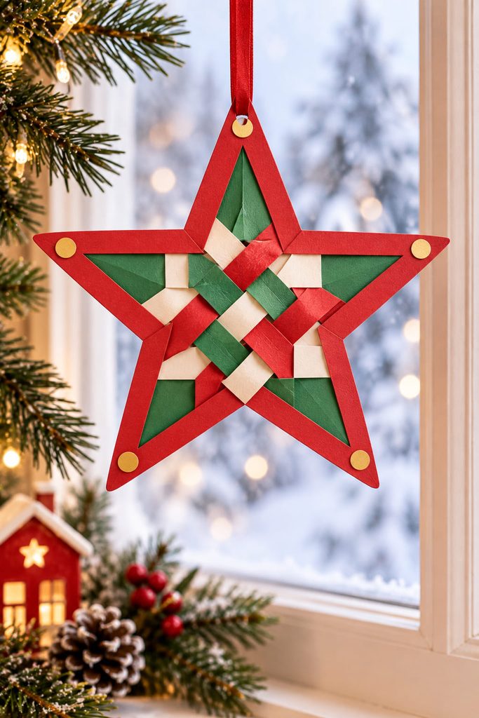Woven construction-paper star ornament hanging in front of a bright window.