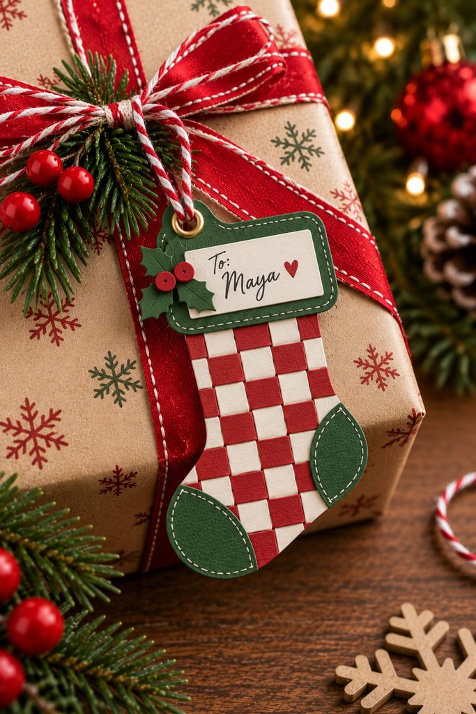 Woven red and cream paper stocking tag backed with cardstock.