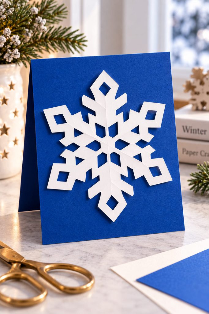 Modern paper snowflake with block-cut openings mounted on a cobalt card.