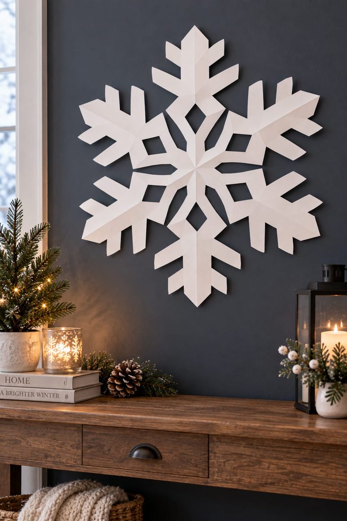 Oversized block-cut paper snowflake displayed against a dark wall.