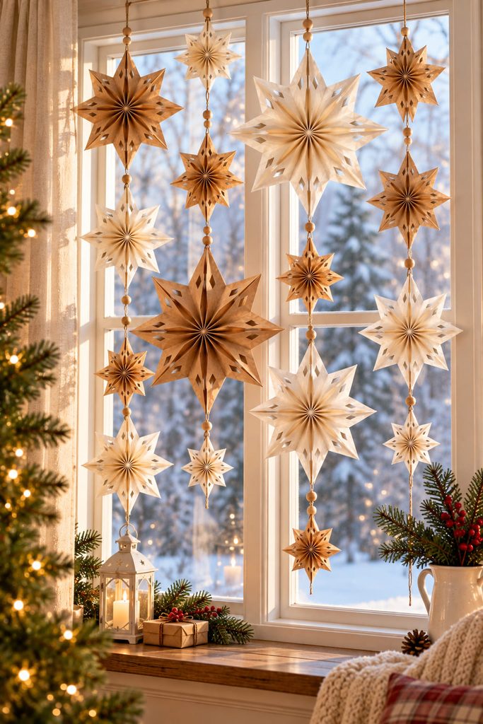 Cascading curtain of kraft and white bag-made stars hanging on separate strands in a tall window.