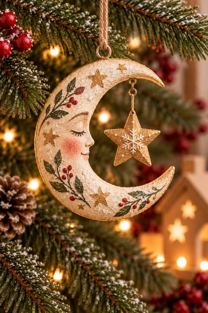 Paper-mache crescent moon ornament with a small star suspended freely inside the open curve.