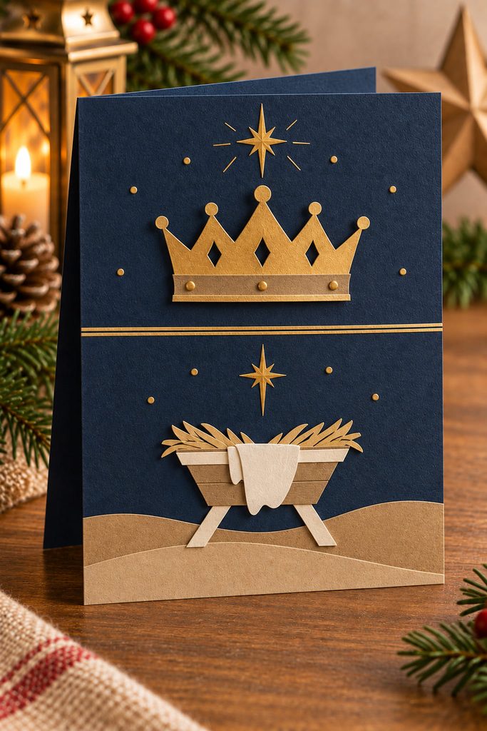 Midnight-blue Christmas card with a gold paper crown above a cream manger split by open negative space.