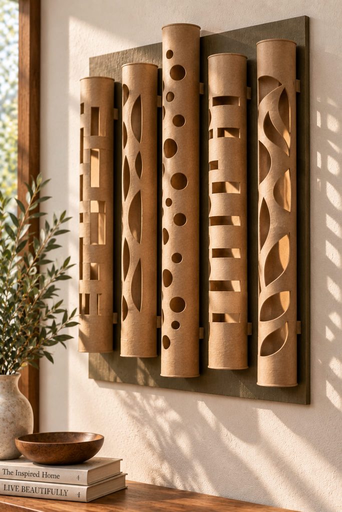 Window-cut cardboard tube columns raised from a wall to cast geometric shadows in side light.