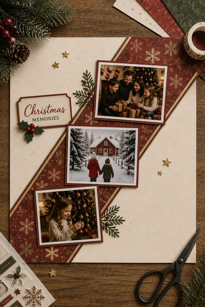 Three Christmas photos connected by a diagonal burgundy paper ribbon path across a scrapbook page.