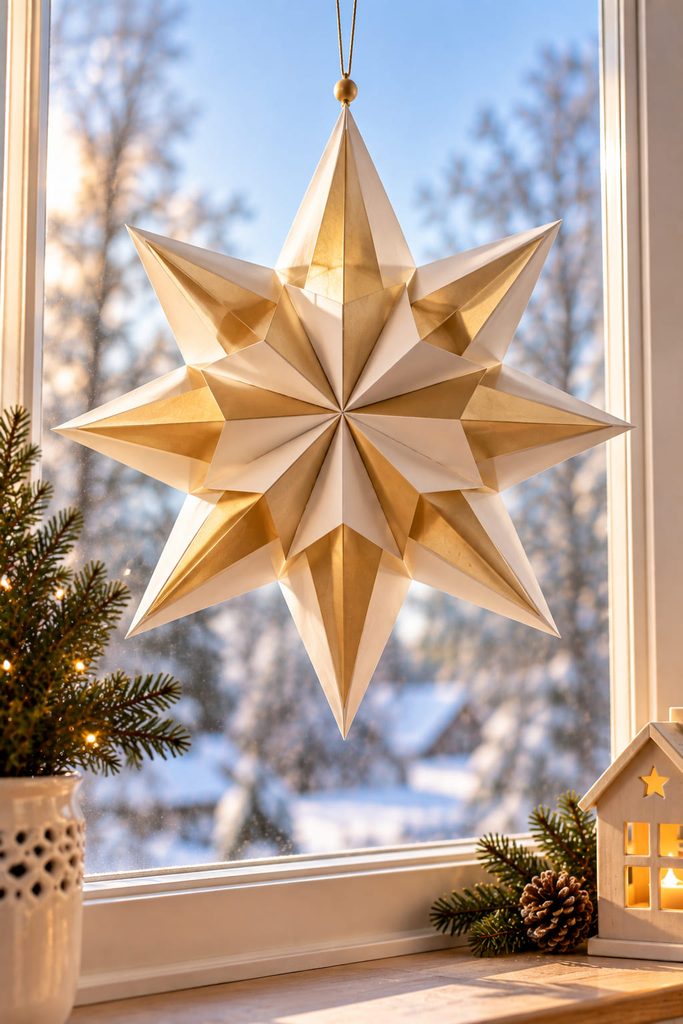 Faceted paper window star assembled from hollow pyramidal cardstock points.