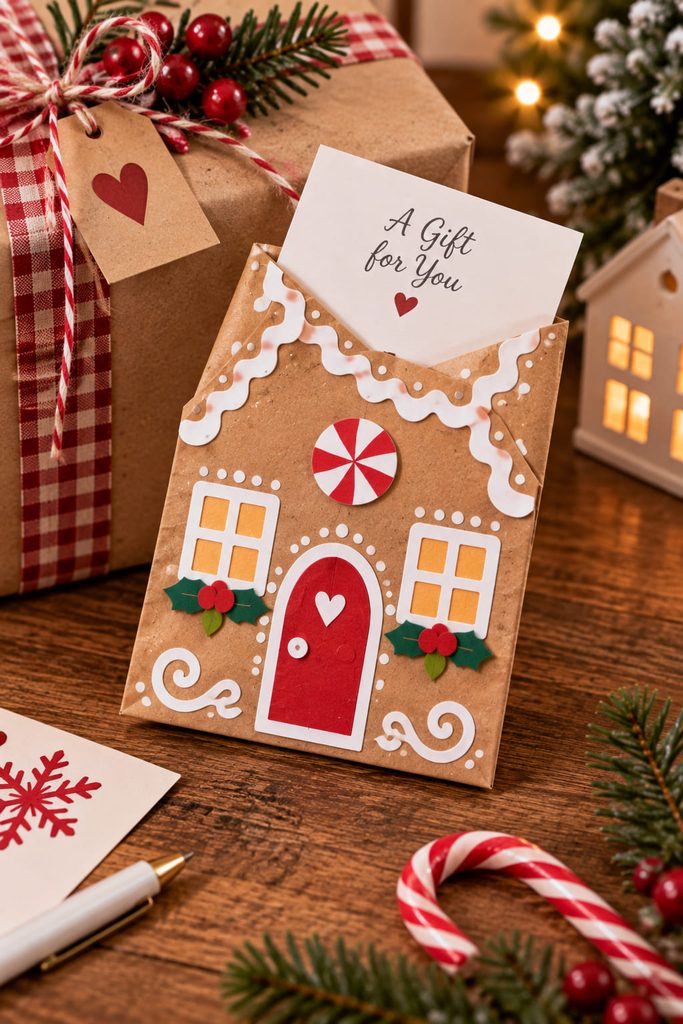 Flat kraft gingerbread house gift card pocket with a blank card visible at the open roof edge.