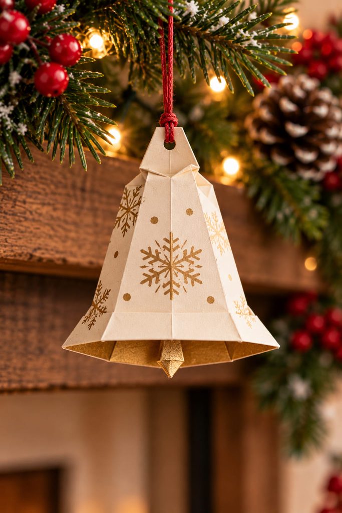 Flat folded paper bell hanging from red cord in a Christmas garland.