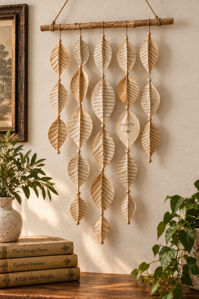 Vertical book-page leaf hanging suspended in tapered strands from a slim wooden dowel.