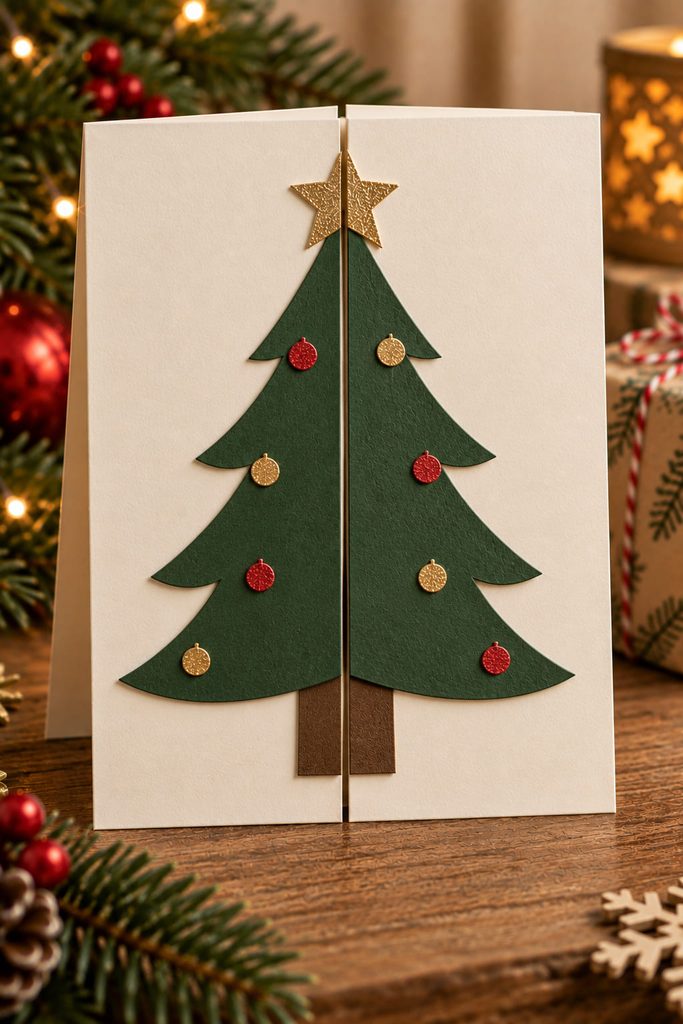 Closed gatefold Christmas card with matching evergreen tree halves meeting at the center seam.