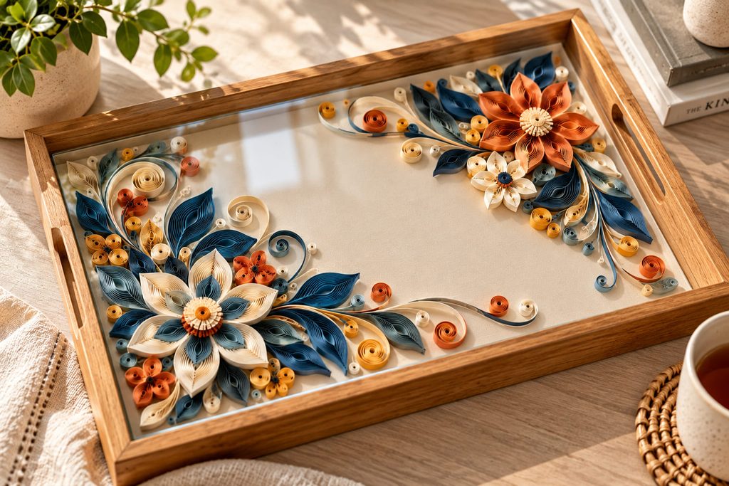 Decorative tray with a quilled paper insert protected beneath a clear rigid surface.