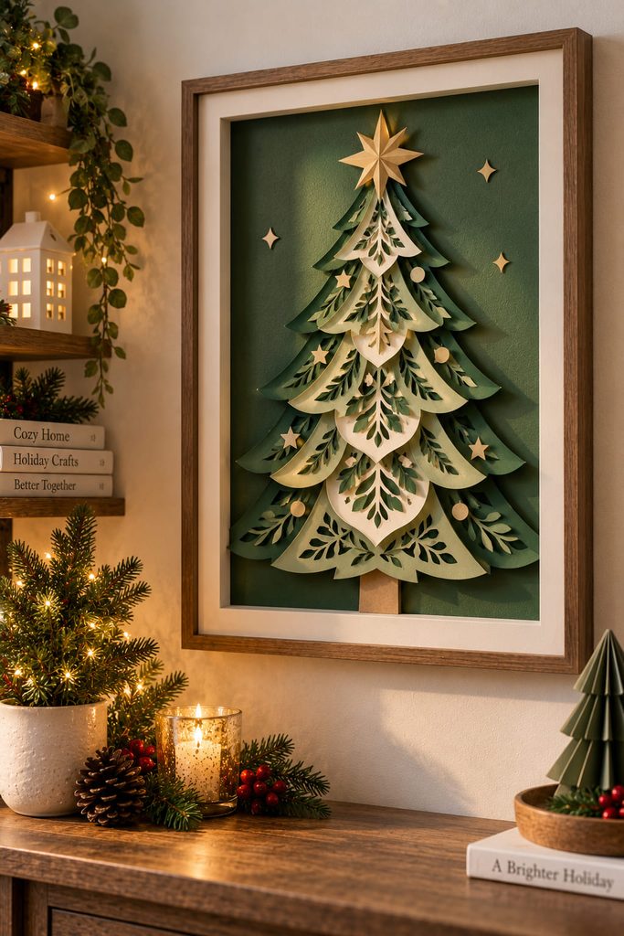 Nested cardstock Christmas tree cutouts separated by shallow spacers inside a wall frame.