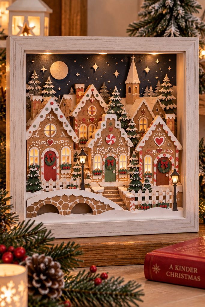 Layered gingerbread street shadow box with spaced cardstock houses, snowbanks, and visible depth between planes.