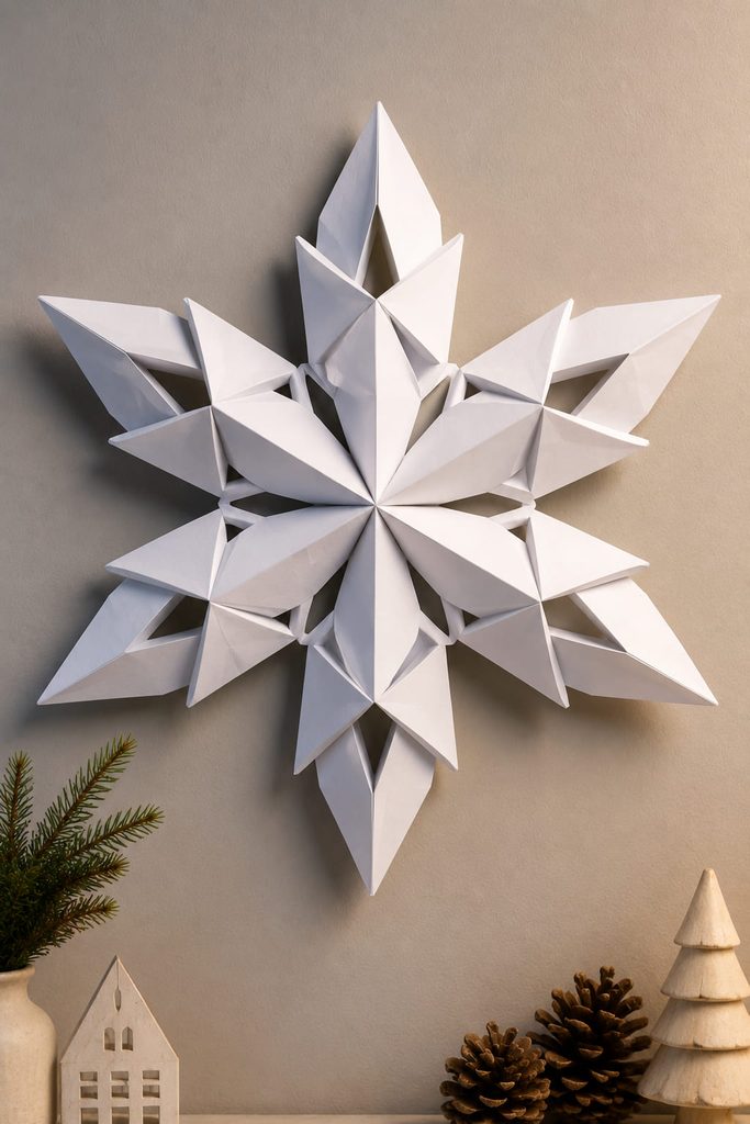 Modular origami snowflake wall star with six interlocking folded paper units.
