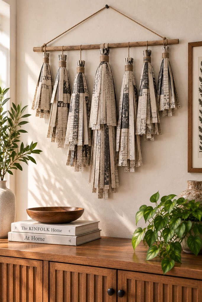 Long fringed newspaper tassels suspended at varied lengths from a slim wooden dowel.
