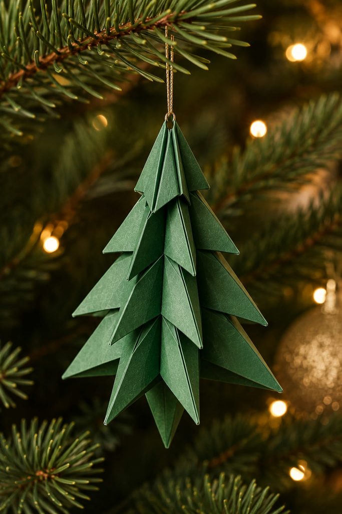 No-cut origami Christmas tree ornament hanging from a reinforced folded point.