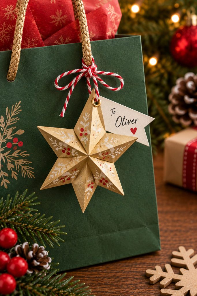 Folded gold origami star tag hanging from a green Christmas gift bag.