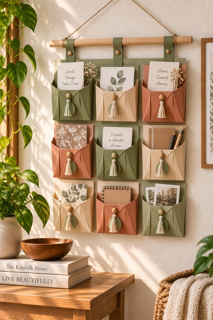 Pleated cardstock wall organizer hanging from a dowel and holding lightweight postcards.