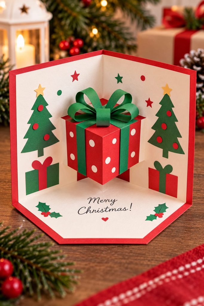 Open construction-paper Christmas card with a dimensional pop-up present inside.