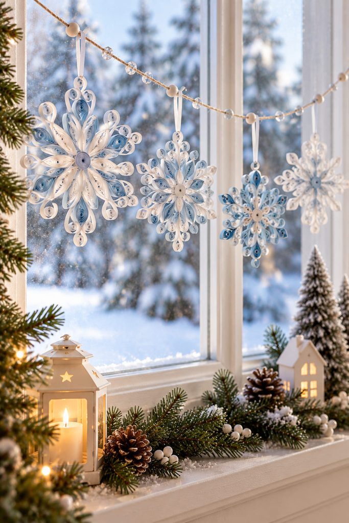 Quilled paper snowflake medallions hanging as a delicate Christmas window garland.