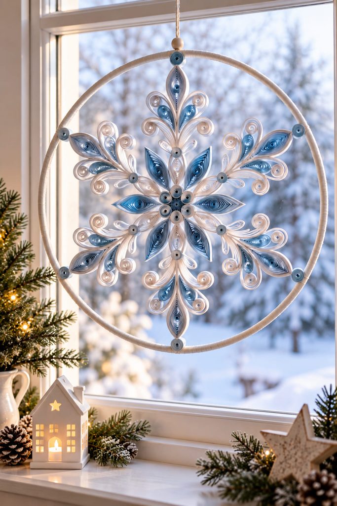 Large quilled paper snowflake medallion hanging inside a hoop against a bright window.
