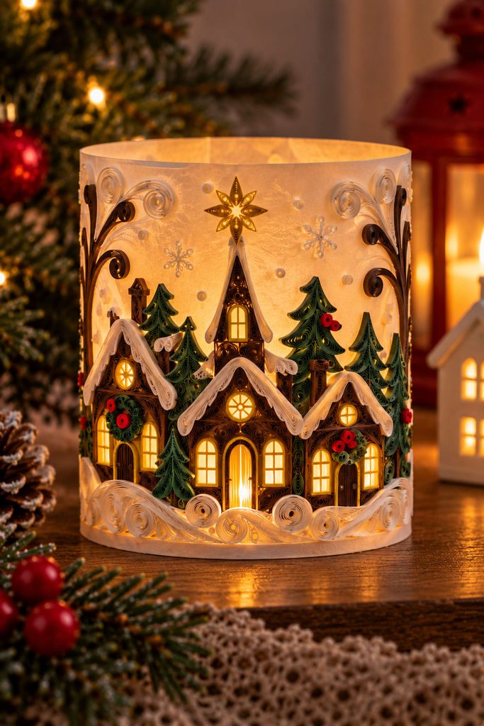 Glowing vellum Christmas village luminary with dark quilled rooflines and open translucent windows.