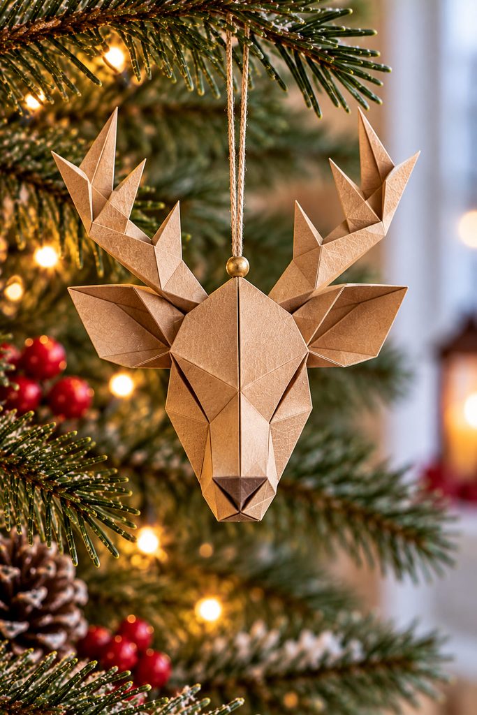Kraft-paper reindeer head ornament with reverse-folded antlers and a centered hanging loop.