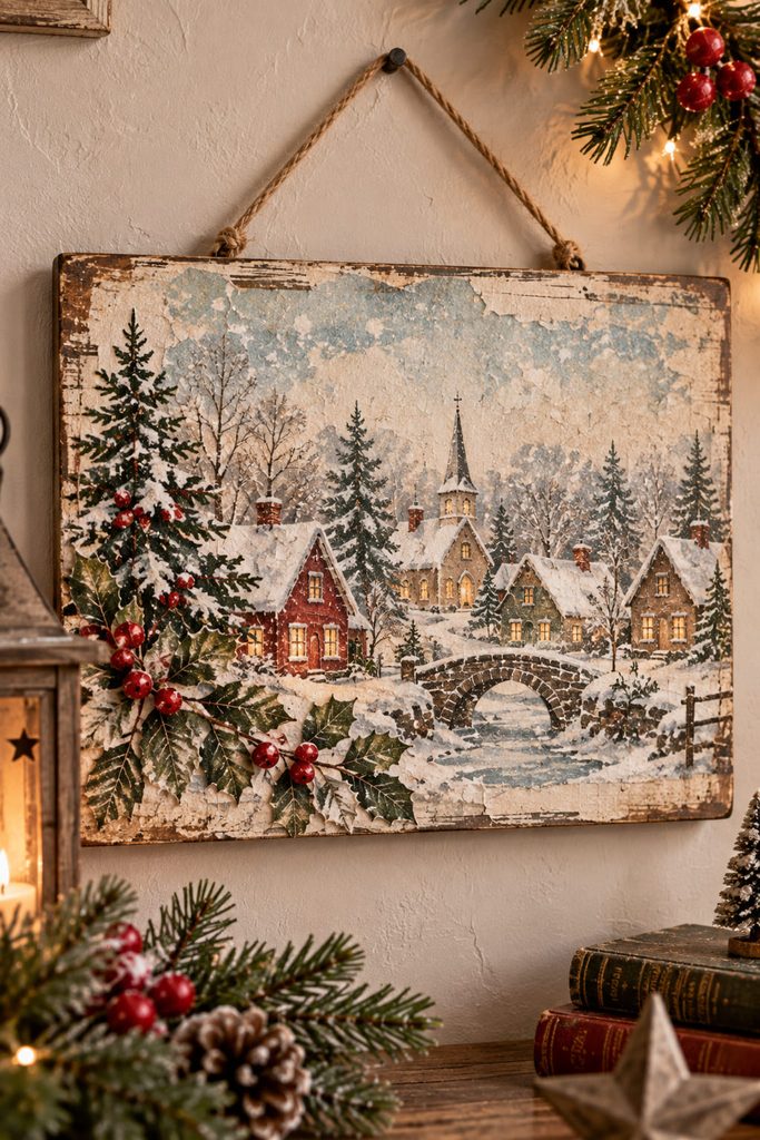Rectangular decoupage plaque with a snowy rice-paper Christmas village and open pale sky above the rooftops.