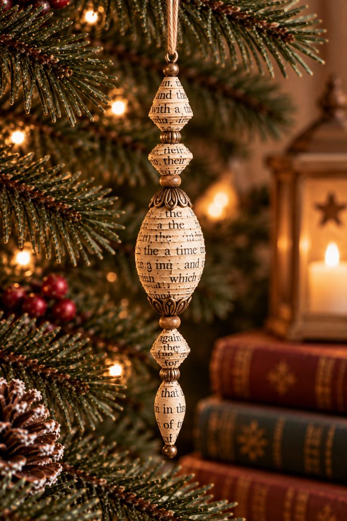 Teardrop ornament assembled from rolled book-page beads and a small kraft-paper spacer.