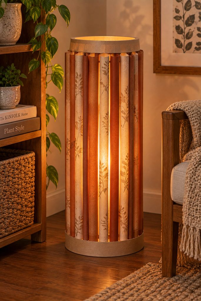 Tall rolled paper-tube column lantern with a glowing vellum inner cylinder.
