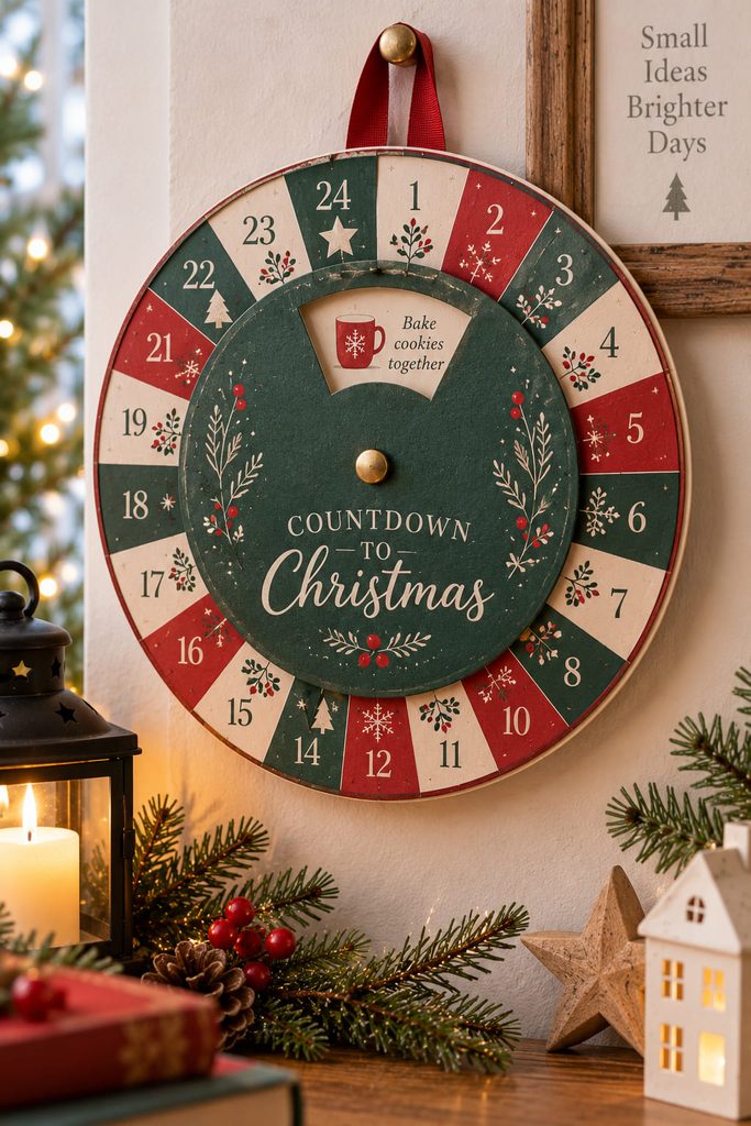 Layered cardstock advent wheel with a viewing window and central rotating paper fastener.