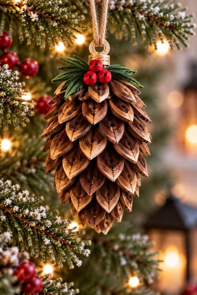 Sculpted quilled pinecone ornament with staggered brown paper scales and a tapered dimensional form.