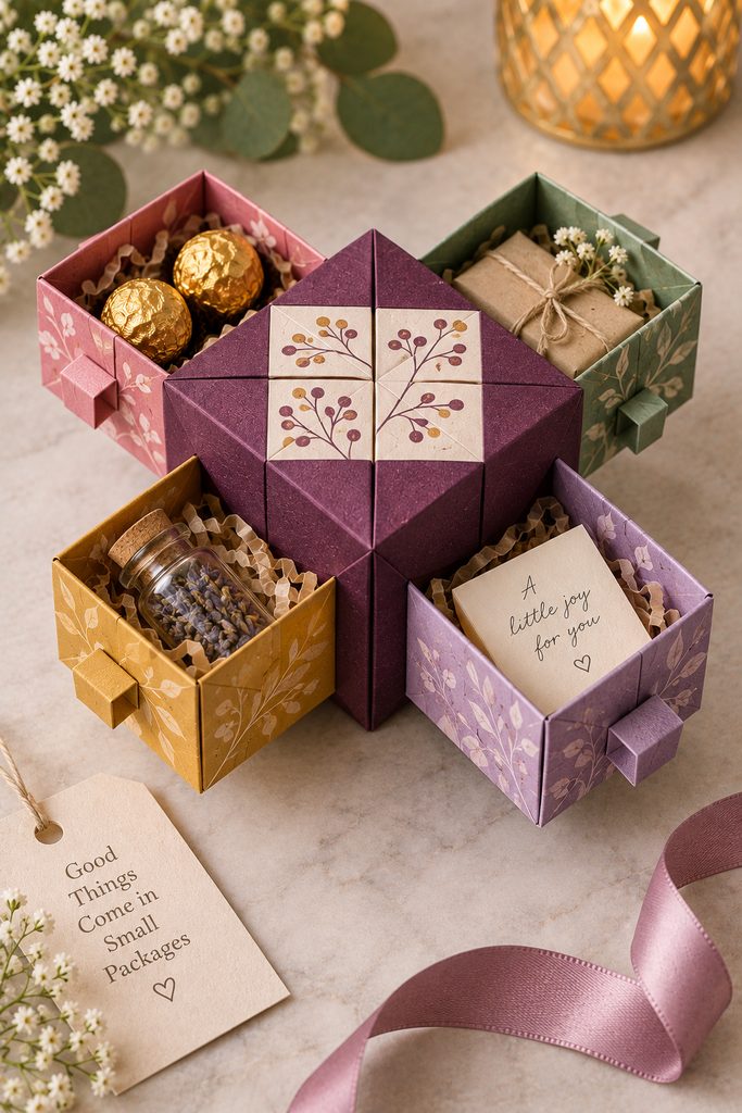 Modular folded paper box with four small drawers opened around the center.