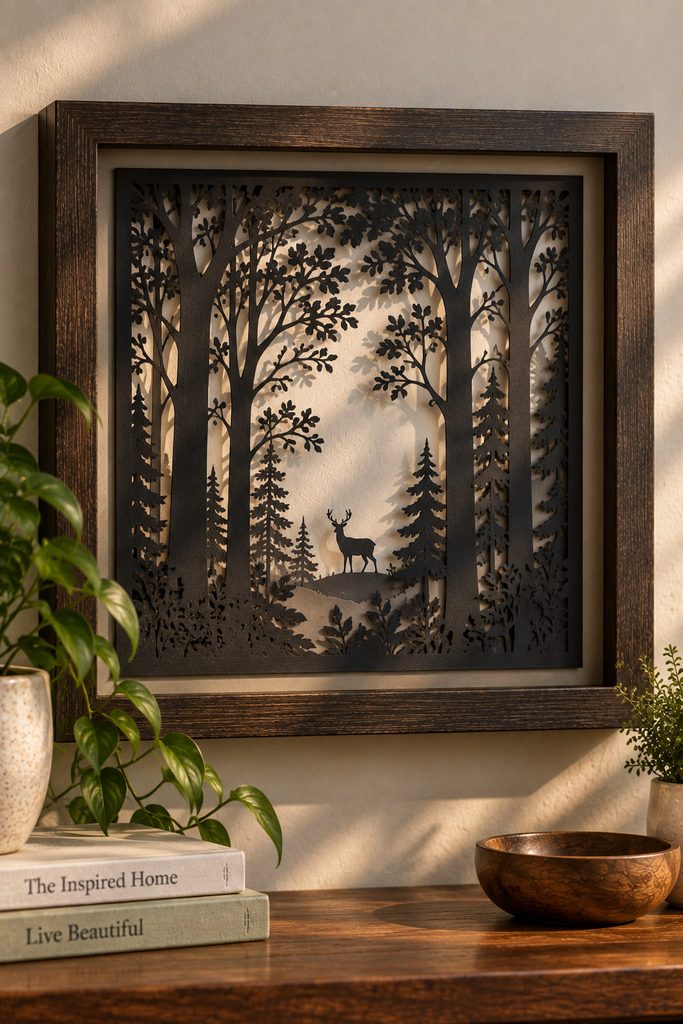 Dark cut-paper forest screen spaced away from a gray backing to create dimensional tree shadows.