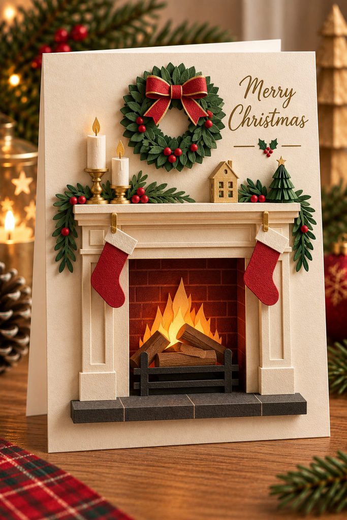 Shallow paper shadow-box fireplace recessed into a dimensional cream Christmas card front.