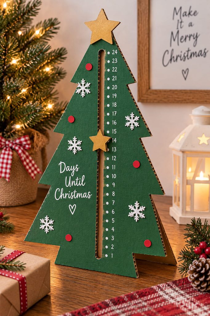 Cardboard Christmas countdown tree with a movable star slider and freestanding easel support.