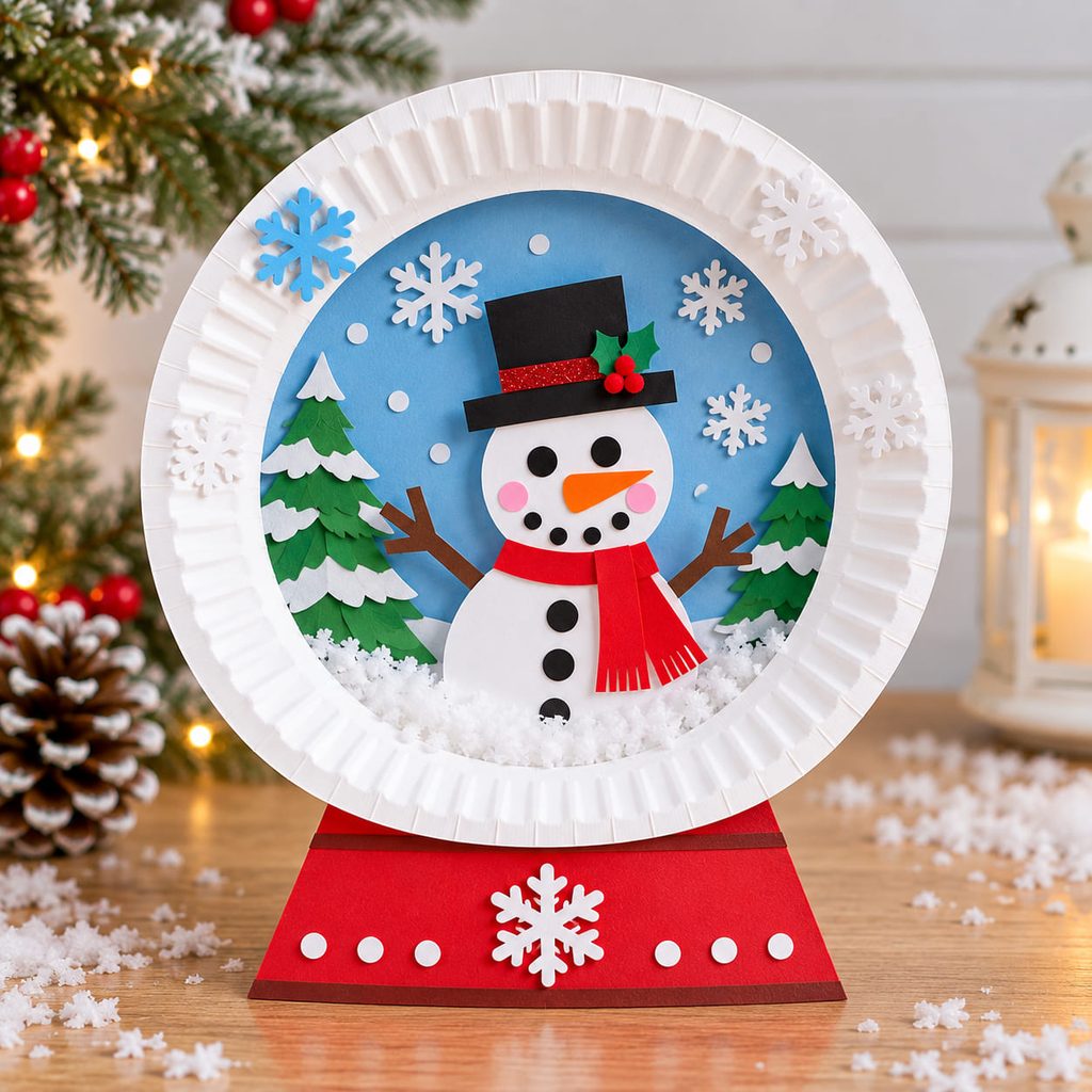 Paper plate snow globe with a small snowman winter scene