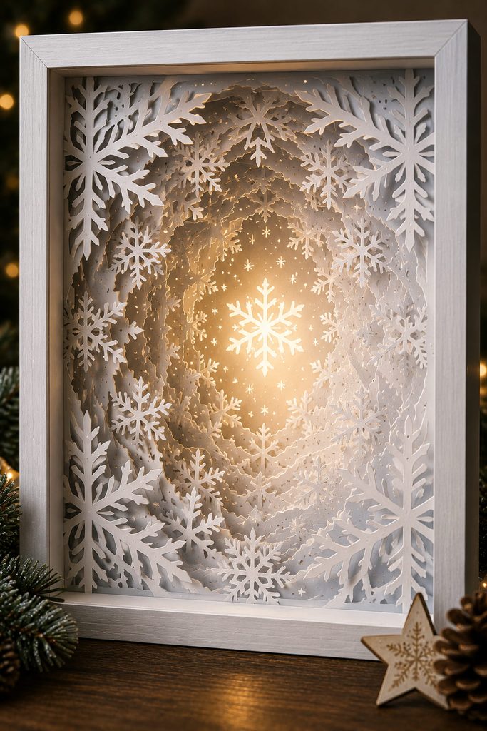 White layered snowflake tunnel shadow box with a softly illuminated recessed center.