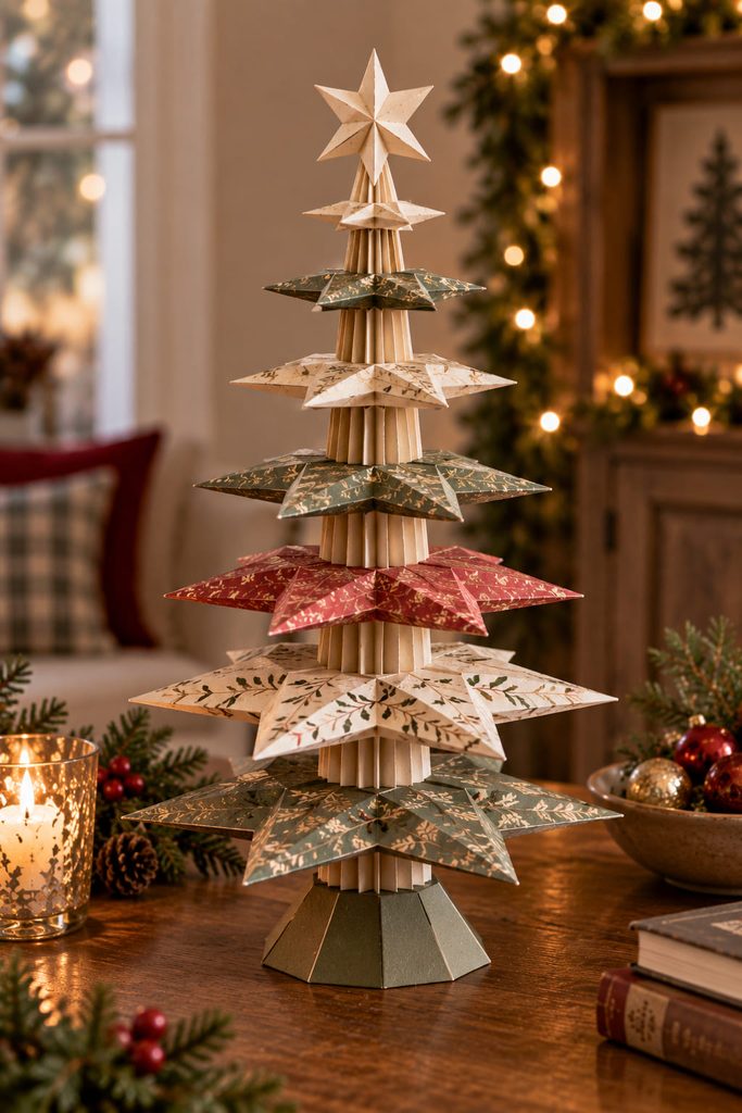 Graduated cardstock stars stacked around a central spine to form a tabletop Christmas tree sculpture.
