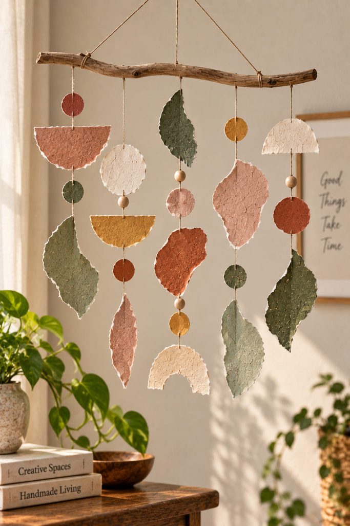 Balanced hanging mobile with organic torn-paper shapes suspended on fine thread.