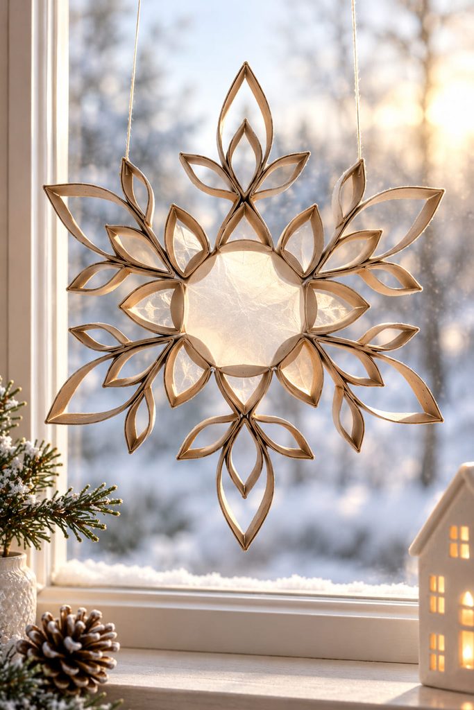 Open cardboard snowflake with a translucent vellum center glowing in a sunlit window.