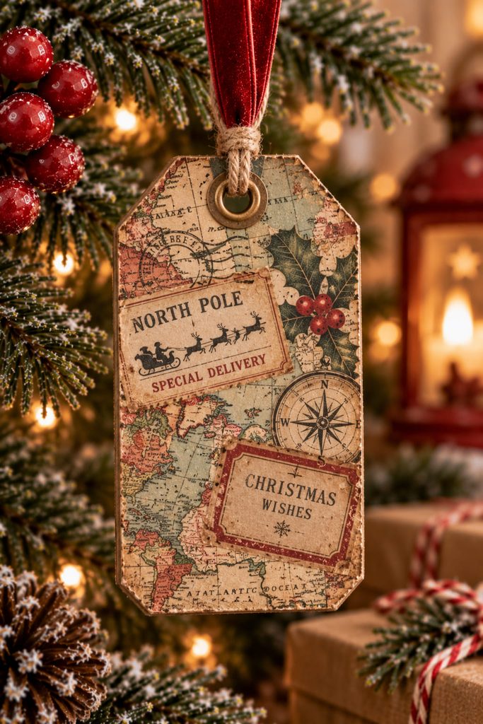 Chipboard luggage-tag Christmas ornament covered with old map fragments and a vintage baggage label.